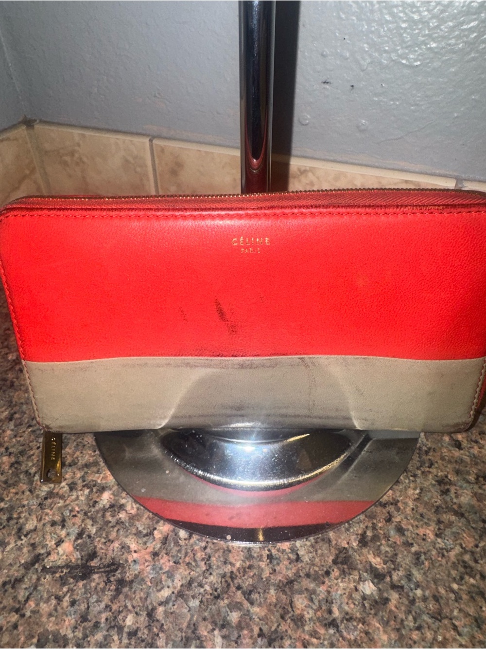 Celine Two-Tone Zip Wallet in Red and Light Gray